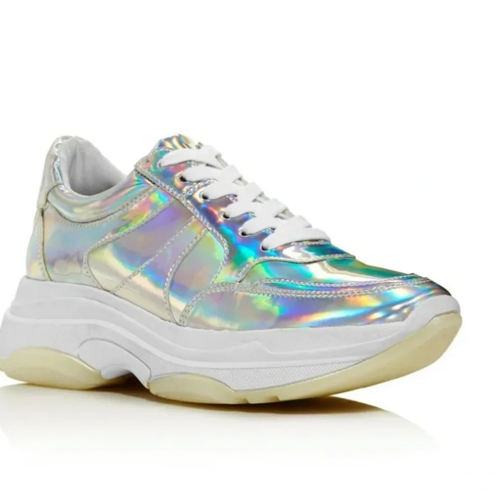 AQUA brand new Womens Iridescent Silver Mixed Media athletic Sneakers Shoes #18